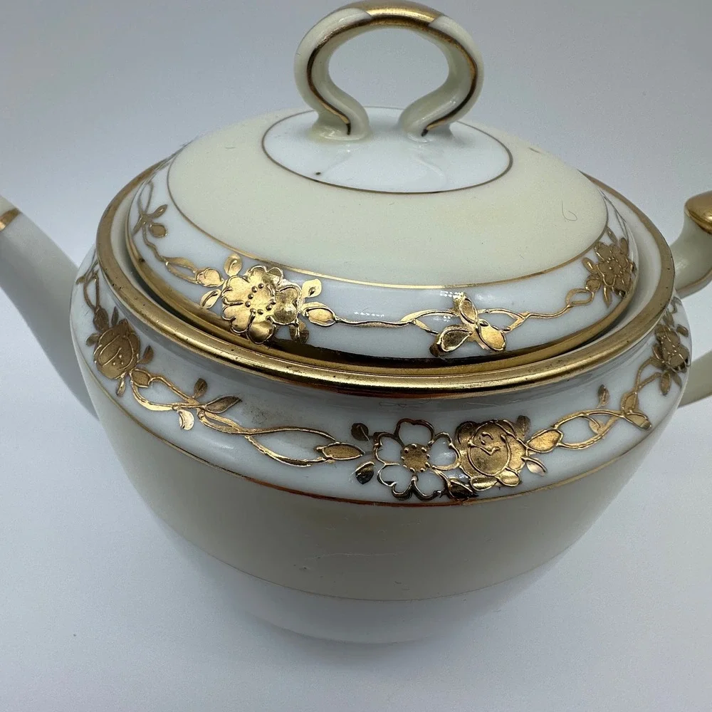 Antique Nippon Hand Painted Tea Set Gold Moriage Floral Teapot Sugar Creamer 3pc
